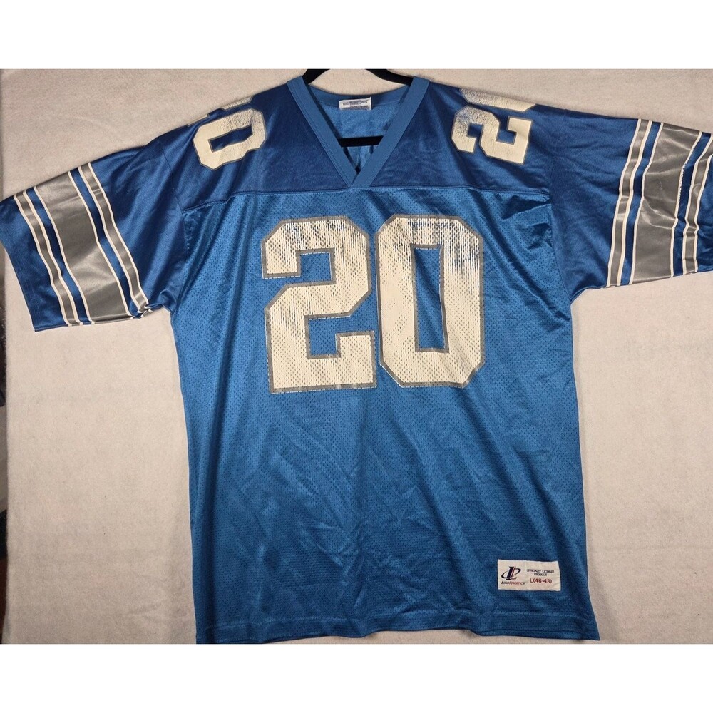Vtg Logo Athl Football Jersey Barry Sanders Detroit Lions 20 Mens L Blue Striped